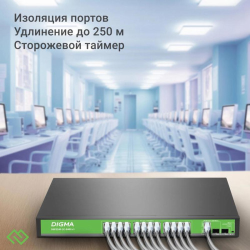 Коммутатор Digma DSP224F-2C-R400 DSP224F-2C-R400 V1 (L2) 24x100Мбит/с 2xКомбо(1000BASE-T/SFP) 24PoE 24PoE+ 400W неуправляемый