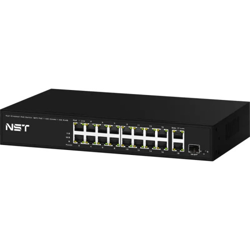 PoE коммутатор Fast Ethernet на 16 x RJ45 PoE + 2 x RJ45 GE + 1 SFP GE порта. Порты: 16 x FE (10/100 Base-T) с поддержкой PoE (IEEE 802.3af/at), 2 x GE Uplink (RJ45), 1 x GE SFP Uplink. Соответствует стандартам PoE IEEE 802.3af/at. Автоматическое определе