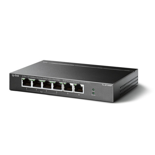 4-port 10/100 Mbit / s unmanaged PoE + switch with 2 10/100 Mbit/s Uplink ports, metal case, desktop installation, 4 802.3 af/at PoE+ ports, 2 10/100 Mbit/s Uplink ports