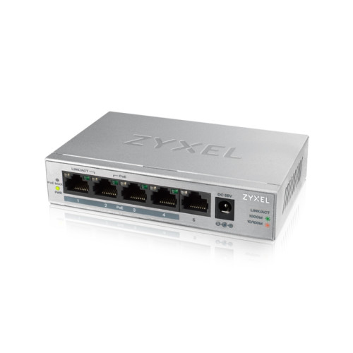 Коммутатор/ ZYXEL GS1005HP Switch PoE +, 5xGE (4xPoE +), desktop, metal, silent, PoE budget 60 W