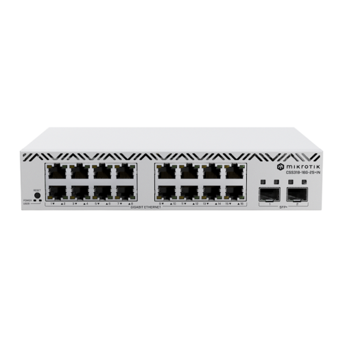 Коммутатор/ MikroTik CSS318-16G-2S+IN is a managed switch equipped with 16 Gigabit Ethernet ports and 2 high-performance 10G SFP+ ports