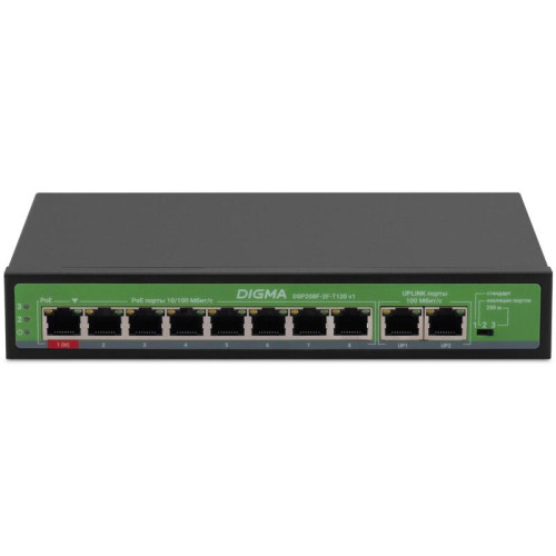 Коммутатор Digma DSP208F-2F-T120 DSP208F-2F-T120 V1 (L2) 10x100Мбит/с 8PoE 8PoE+ 120W неуправляемый