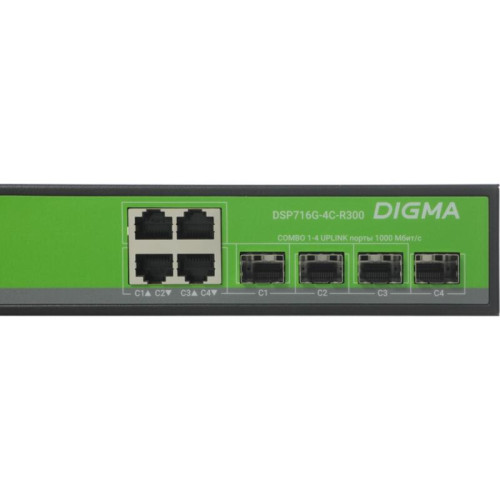 Коммутатор Digma DSP716G-4C-R300 (L2+) 16x1Гбит/с 4xКомбо(1000BASE-T/SFP) 300W управляемый Коммутатор Digma DSP716G-4C-R300 (L2+) 16x1Гбит/с 4xКомбо(1000BASE-T/SFP) 300W управляемый