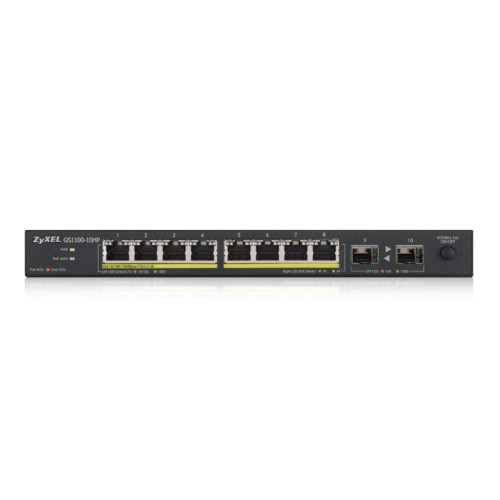 Zyxel GS1100-10HP 8xGE PoE+ 2xSFP PoE+ Switch Desktop Silent 130W PoE Budget Kensigton lock