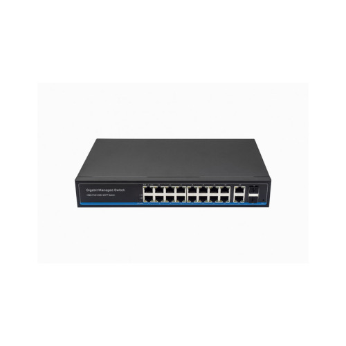 Управляемый L2 PoE коммутатор Gigabit Ethernet на 16 RJ45 PoE + 2 x RJ45 + 2 GE SFP портов. Порты: 16 x GE (10/100/1000 Base-T) с поддержкой PoE (IEEE 802.3af/at), 2 x GE (10/100/1000 Base-T) Uplink, 2 x GE SFP Uplink. Соответствует стандартам PoE IEEE 80