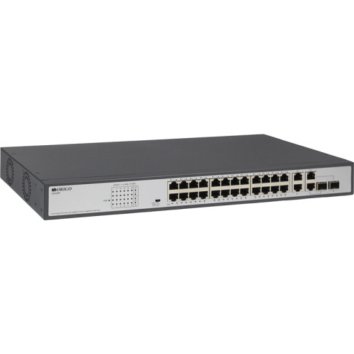 Unmanaged Switch 26x1000Base-T (24x1000Base-T PoE), 2xCombo 1000Base-T/SFP, PoE Budget 370W, Long-range PoE up to 250m, 19
