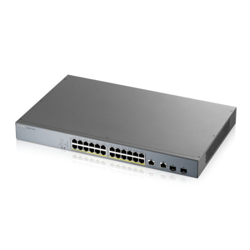 Коммутатор/ ZYXEL GS1350-26HP L2 PoE + switch for IP cameras, 24xGE PoE +, 2xCombo (SFP / RJ-45), PoE budget 375 W, power transfer distance up to 250 m, auto-reloading of PoE ports, increased overvoltage and electrostatic discharge protection