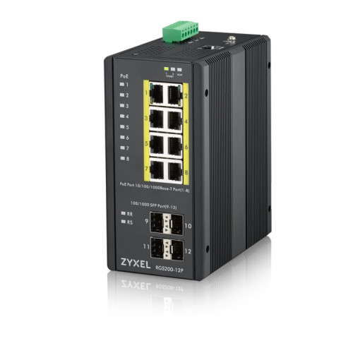 Коммутатор/ ZYXEL RGS200-12P, 12 Port managed PoE Switch, 240 Watt PoE, DIN Rail, IP30, 12-58V DC