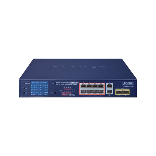 коммутатор/ PLANET GSD-1222VHP 8-Port 10/100/1000T 802.3at PoE + 2-Port 10/100/1000T + 2-Port 1000SX SFP Gigabit Switch with smart color LCD (120W PoE Budget, Standard/VLAN/Extend mode, PoE Budget, bandwidth control, PD alive check setup over LCD )