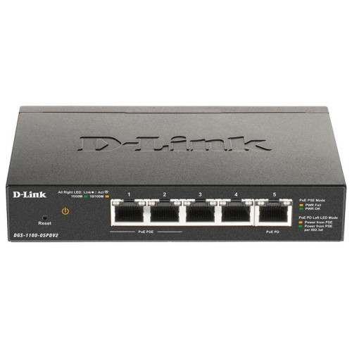 Коммутатор D-Link DGS-1100-05PDV2 5x1Гбит/с 2PoE 18W настраиваемый