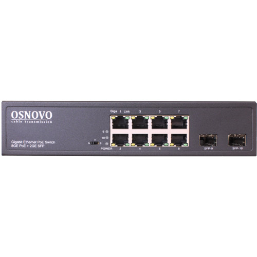 OSNOVO Гигабитный PoE коммутатор на 10 портов, 8 *10/100/1000 Base-T PoE, 2*SFP 1000 Base-T, PoE на порт до 30W, суммарно до 150W