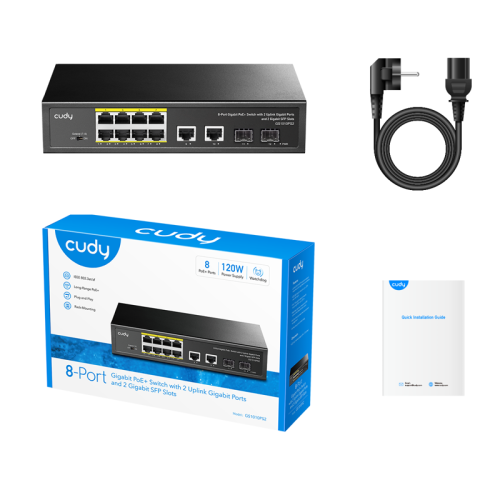 Коммутатор/ 8-10/100/1000 BASE-T Gigabit ports,2-Port 10/100/1000 BASE-T Gigabit Uplink ports, 2-1000 BASE-X SFP Slot, 8-port IEEE 802.3at PoE+ Injector, Supports PoE power up to 30W for each PoE port, Extend Mode (Port#7 and #8 support transmit distance 