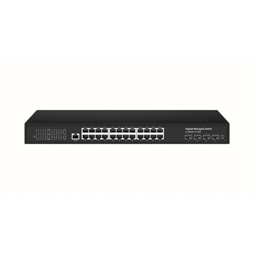 Управляемый L3 коммутатор Gigabit Ethernet на 24xRJ45 + 4x10G SFP+ Uplink. Порты: 24 x GE (10/100/1000Base-T) + 4 x 10G SFP+ Uplink, Консольный порт, Уровень управления L3 (Full managed), Поддержка Jumbo Frame 10K, IGMP Snooping, Монтаж в 19