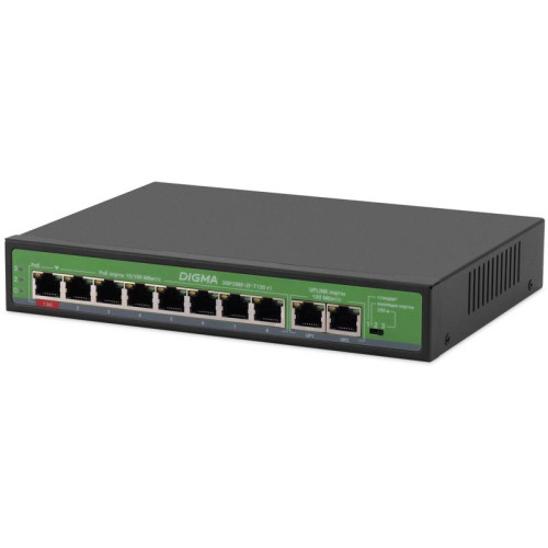 Коммутатор Digma DSP208F-2F-T120 DSP208F-2F-T120 V1 (L2) 10x100Мбит/с 8PoE 8PoE+ 120W неуправляемый