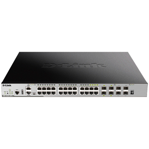 Коммутатор/ Managed L3 Stackable Switch 20x1000Base-T PoE, 4x10GBase-X SFP+, 4xCombo 1000Base-T PoE/SFP, PoE Budget 370W (740W with DPS-700), Surge 6KV, CLI, 1000Base-T Management, RJ45 Console, mini-USB Console, USB, RPS, Alarm RJ-45, Dying Gasp, Standar