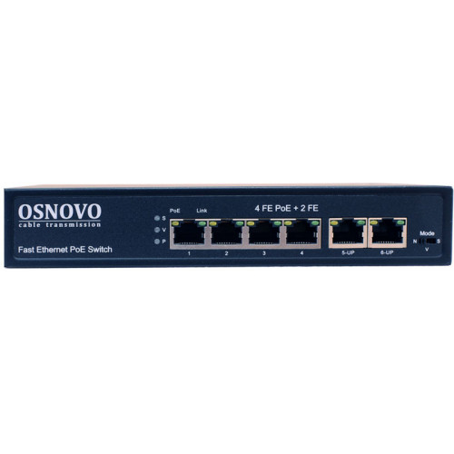 OSNOVO PoE коммутатор 6 портов, 4 PoE порта 10/100 Base-T, 2*10/100 Base-T Uplink, до 30W на порт, суммарно до 80W