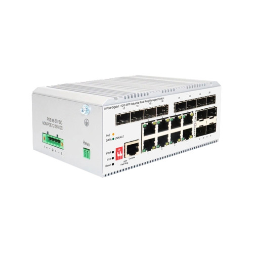 Коммутатор/ Managed L2 Industrial Fast Ring Switch 8x1000Base-T PoE, 12x1000Base-X SFP, PoE Budget 185W, Surge 4KV, -40 to 75°C