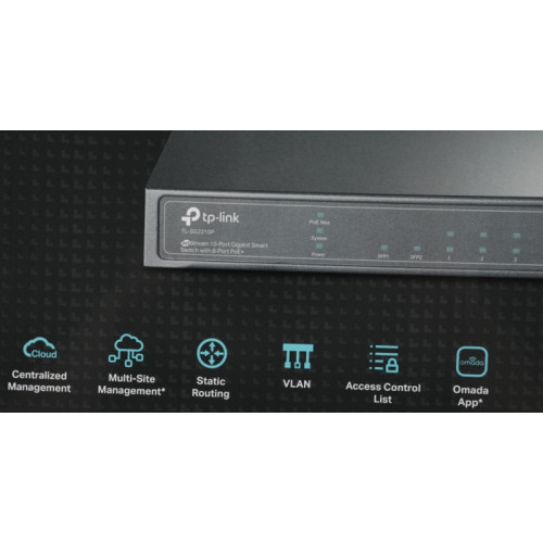 Коммутатор/ 8-port gigabit Smart PoE+ Switch with 2 SFP uplink ports,desktop mount, 8 802.3af/at compliant PoE+ ports, 2 SFP uplink ports, 58W PoE budget, L2 switch features