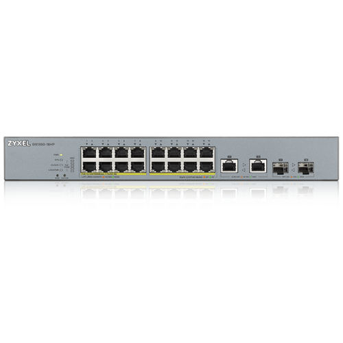 ZYXEL GS1350-18HP L2 PoE + switch for IP cameras, 16xGE PoE +, 2xCombo (SFP / RJ-45), PoE budget 250 W, power transmission distance up to 250 m, auto-reloading of PoE ports, increased protection against overvoltage and electrostatic discharges