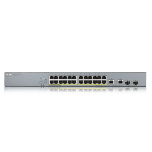 Коммутатор/ ZYXEL GS1350-26HP L2 PoE + switch for IP cameras, 24xGE PoE +, 2xCombo (SFP / RJ-45), PoE budget 375 W, power transfer distance up to 250 m, auto-reloading of PoE ports, increased overvoltage and electrostatic discharge protection