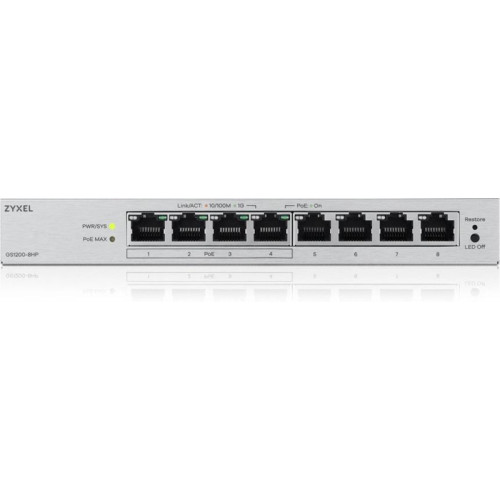 Коммутатор Zyxel GS1200-8HPV3-EU0101F (L2) 8x1Гбит/с 4PoE+ 68W управляемый