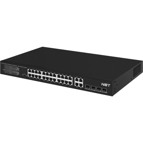 PoE коммутатор Fast Ethernet на 24 x RJ45 портов + 4 x GE Combo uplink порта. Порты: 24 x FE (10/100 Base-T) с поддержкой PoE (IEEE 802.3af/at), 4 x GE Combo Uplink (RJ45 + SFP). Соответствует стандартам PoE IEEE 802.3af/at. Автоматическое определение PoE