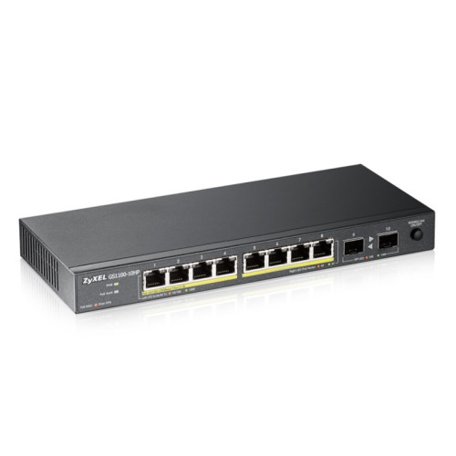 Zyxel GS1100-10HP 8xGE PoE+ 2xSFP PoE+ Switch Desktop Silent 130W PoE Budget Kensigton lock
