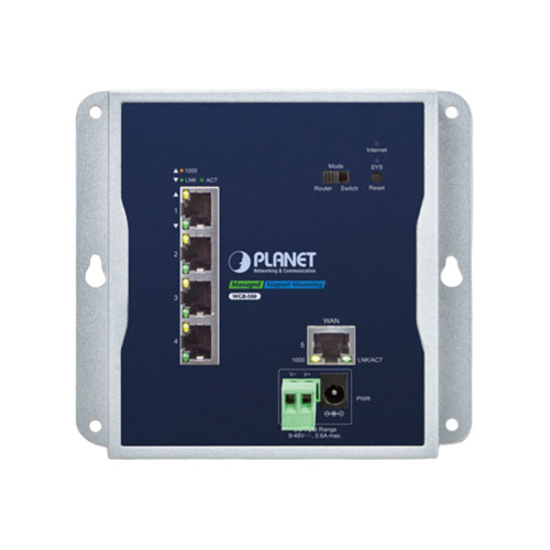 коммутатор/ PLANET WGR-500 IP30 Industrial 5-Port 10/100/1000T Wall-mount Gigabit Router (Dual power input on 9-48VDC terminal block and power jack, -10~60 degrees C, Hardware NAT, IPv6)