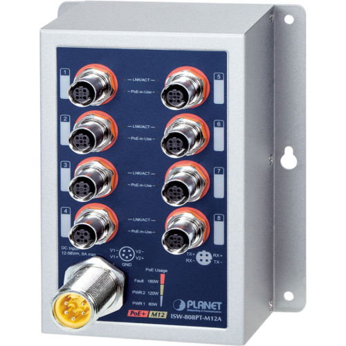 коммутатор/ PLANET ISW-808PT-M12A IP50-rated Industrial 8-Port 10/100TX M12 802.3at PoE+ Switch (-40~75 degrees C, dual 12~56V power boost)