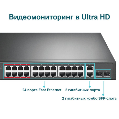 Коммутатор/ 24-port 10/100Mbps Unmanaged PoE+ Switch with 2 combo RJ-45/SFP uplink ports, rack mount, 24 802.3af/at compliant PoE+ ports, 2 gigabit combo RJ-45/SFP uplink ports