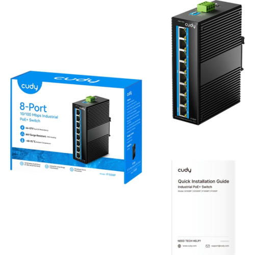 Промышленный коммутатор/ 8-Port 10/100M Aluminum Industrial PoE+ Switch, 8 10/100M Ports, 802.3at/af, Din-rail design, Power supply: DC 9.6~57V work temperature:-40°C-75°C, Power Adapter Not Included