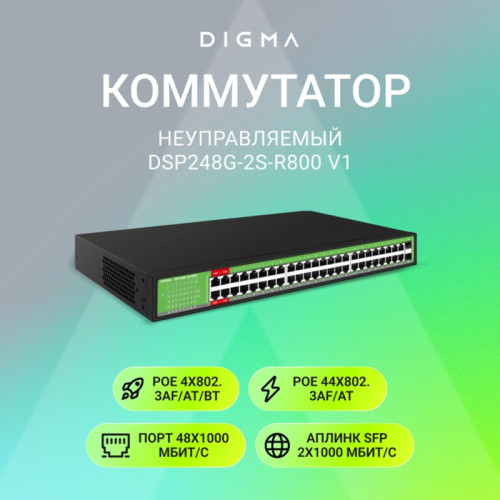 Коммутатор Digma DSP248G-2S-R800 DSP248G-2S-R800 V1 (L2) 48x1Гбит/с 2SFP 48PoE 48PoE+ 4PoE++ 800W неуправляемый