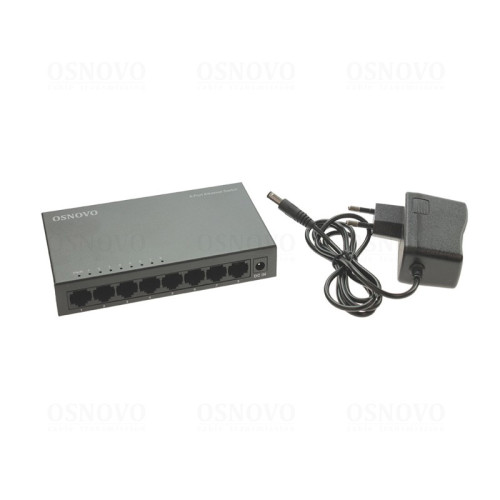 Коммутатор неуправляемый/ OSNOVO Неуправляемый коммутатор Fast Ethernet на 8 портов. Порты: 8 x FE (10/100Base-TX). Auto MDI/MDIX Встроенная грозозащита 2кВ. В комплекте БП DC12V(1A). Размеры (ШхВхГ): 138 x 25 x 78мм. Рабочая температура: 0...+40 гр. С.
