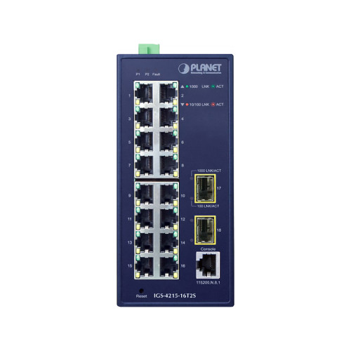 коммутатор/ PLANET IGS-4215-16T2S IP30 Industrial L2/L4 16-Port 10/100/1000T + 2-Port 100/1000X SFP Managed Switch (-40~75 degrees C, dual redundant power input on 12~48VDC/24VAC terminal block)