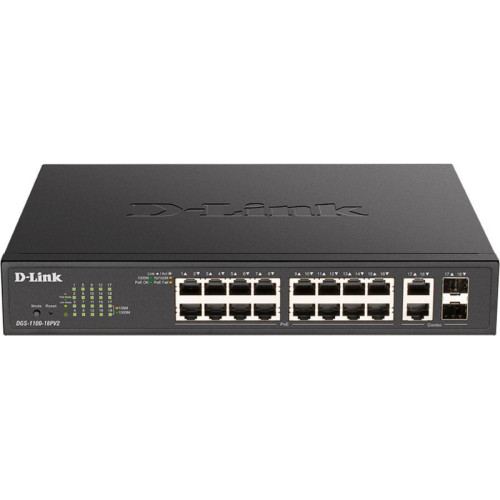 Коммутатор D-Link DGS-1100-18PV2/A (L2) 16x1Гбит/с 2xКомбо(1000BASE-T/SFP) 2SFP 130W настраиваемый