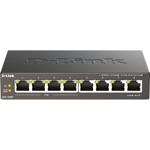 Коммутатор/ DGS-1008P/F1A Unmanaged Switch 8x1000Base-T (4x1000Base-T PoE), PoE Budget 80W, metal case