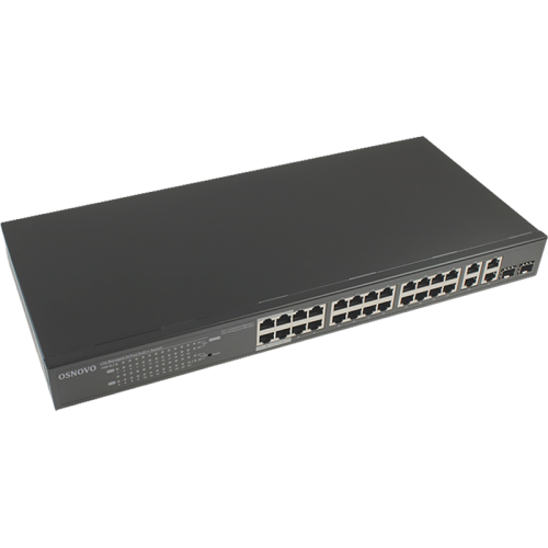 Коммутатор управляемый/ OSNOVO Web-управляемый PoE коммутатор Gigabit Ethernet на 28 портов. Порты: 4 x GE (10/100/1000Base-T) с PoE (до 90W, A+B) + 20 x GE (10/100/1000 Base-T) с PoE (до 30W) + 2 x GE Combo (1000BASE-T/1000Base-X) + 2 х GE (10/100/1000 B