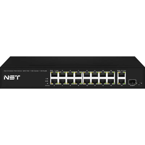 PoE коммутатор Fast Ethernet на 16 x RJ45 PoE + 2 x RJ45 GE + 1 SFP GE порта. Порты: 16 x FE (10/100 Base-T) с поддержкой PoE (IEEE 802.3af/at), 2 x GE Uplink (RJ45), 1 x GE SFP Uplink. Соответствует стандартам PoE IEEE 802.3af/at. Автоматическое определе