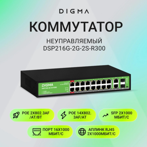 Коммутатор Digma DSP216G-2G-2S-R300 (L2) 18x1Гбит/с 2SFP 16PoE 16PoE+ 2PoE++ 300W неуправляемый
