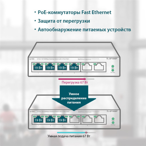 Коммутатор/ 4-port 10/100 Mbit / s unmanaged PoE + switch with 2 10/100 Mbit/s Uplink ports, metal case, desktop installation, 4 802.3 af/at PoE+ ports, 2 10/100 Mbit/s Uplink ports