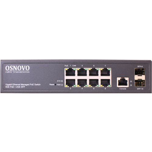 OSNOVO Гигабитный L2 PoE коммутатор на 10 портов, 8 *10/100/1000 Base-T PoE, 2*SFP 1000 Base-T, PoE на порт до 30W, суммарно до 150W