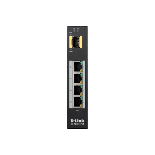 Коммутатор/ DIS-100G-5PSW Unmanaged Industrial Switch 4x1000Base-T PoE, 1x1000Base-X SFP, PoE Budget up to 120W, Surge 2KV, DIN-Rail, metal case IP30, -40 to 75°C, only DC power, w/o power supply