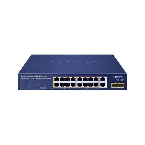 коммутатор/ PLANET GSD-2022P 16-Port 10/100/1000T 802.3at PoE + 2-Port 10/100/1000T + 2-Port 1000X SFP Unmanaged Gigabit Ethernet Switch (185W PoE Budget, Standard/VLAN/Extend mode, supports PD alive check, desktop size with rackmount kit)