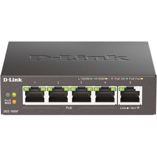 Коммутатор/ Неуправляемый PoE-коммутатор, 5x1000Base-T (4x1000Base-T PoE), PoE-бюджет 60 Вт, корпус металл