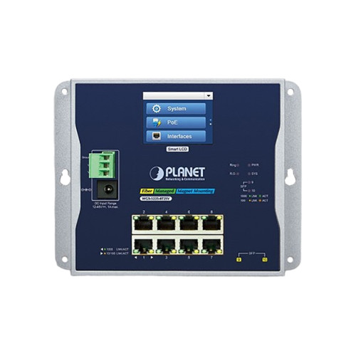 коммутатор/ PLANET WGS-5225-8T2SV IP30, IPv6/IPv4, L2+ 8-Port 10/100/1000T + 2-Port 1G/2.5G SFP Wall-mount Managed Switch with LCD touch screen (-20~70 degrees C, dual power input on 12-48VDC terminal block and power jack, ERPS Ring, 1588, Modbus TCP, ONV