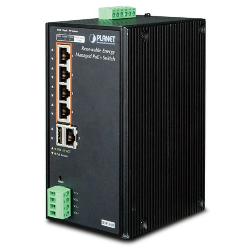 коммутатор/ PLANET BSP-360 IP30 Industrial Renewable Energy 4-Port 10/100/1000T 802.3at PoE+ Managed Ethernet Switch. (-10 to 60 degree C, 4-Port Gigabit 802.3at PoE+ injector + 1-Port Gigabit Ethernet; 24V/1A DC output, Web management