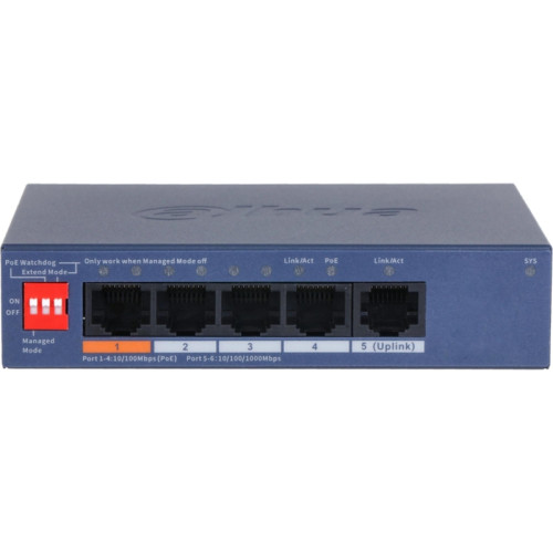 4-портовый PoE коммутатор с функцией облачного управления, 4 RJ45 10/100Мбит/с (PoE/PoE+/Hi-PoE), 1 RJ45 10/100/1000Мбит/с (uplink); PoE: порт 1 до 60Вт, порты 2-4 до 30Вт, суммарно до 60Вт; PoE watchdog, передача до 250м; питание: 53В(DC)