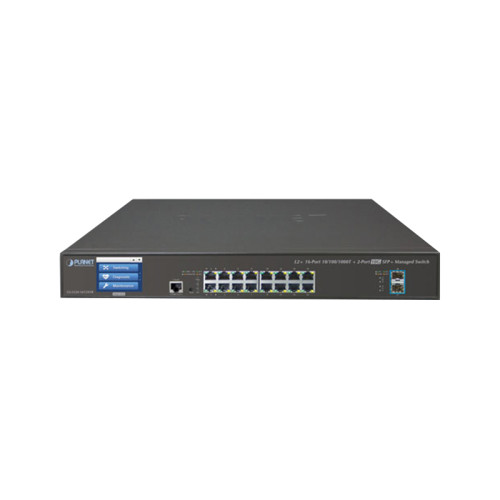 коммутатор/ PLANET GS-5220-16T2XV L2+/L4 16-Port 10/100/1000T + 2-Port 10G SFP+ Managed Switch with Color LCD Touch Screen, Hardware Layer3 IPv4/IPv6 Static Routing, ERPS Ring,Cybersecurity features