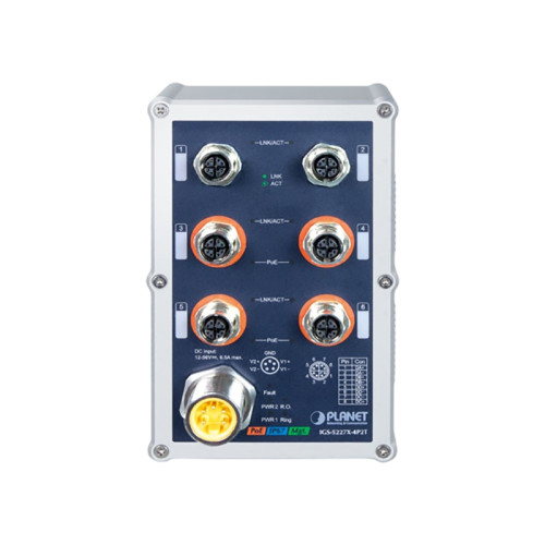 коммутатор/ PLANET ISW-808PT-M12A IP50-rated Industrial 8-Port 10/100TX M12 802.3at PoE+ Switch (-40~75 degrees C, dual 12~56V power boost)