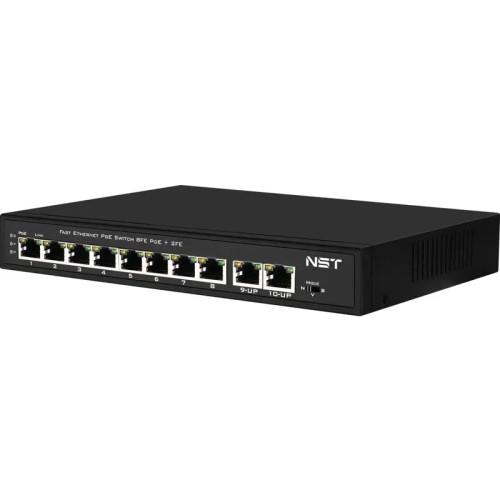 PoE коммутатор Fast Ethernet на 10 RJ45 портов. Порты: 8 x FE (10/100 Base-T) с поддержкой PoE (IEEE 802.3af/at), 2 x FE (10/100 Base-T). Соответствует стандартам PoE IEEE 802.3af/at. Автоматическое определение и режим антизависания PoE устройств. Мощност